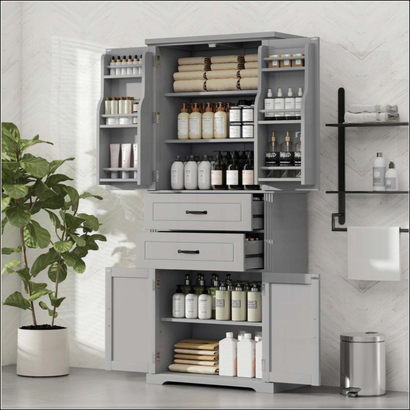 Storage Cabinet With Multi-Functional Storage Space, Doors With Storage Shelves, 2 Drawers, Adjustable Shelf, Gray