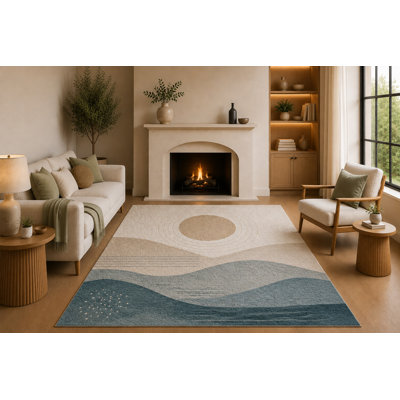 "Ultra Lightweight" 5'x7' Coastal Abstract Area Rug with Non-Slip Silicone Backing Low Pile Soft Carpet for Living Room Bedroom Office Blue Beige Wave Minimalist Decor