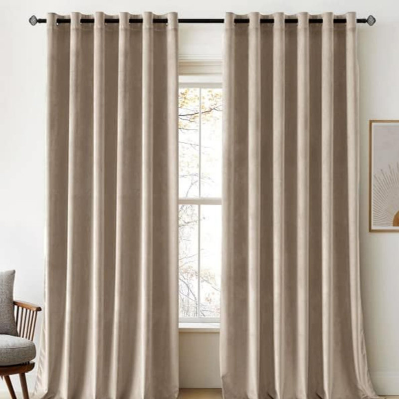 Velvet Room Darkening Curtain Panel Pair, 229cm Width x 229cm Drop, Beige