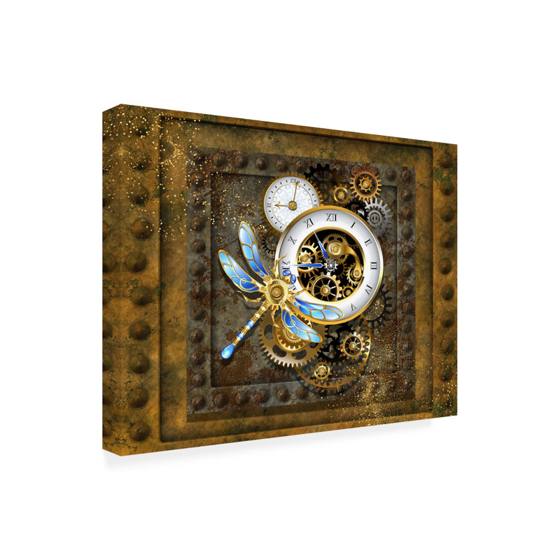 Wrapped Canvas Wall Art - Tina Mitchell 'Steampunk Dragonfly Clock' Wall Art for Living Room, Bedroom, or Office Décor - 47 x 47 Inches 