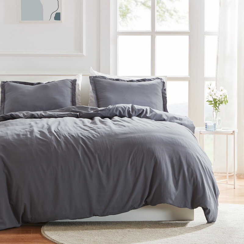 Solid Microfiber Duvet Cover Set - Simple Style Bedding Set For All Season, King Duvet Cover + 2 King Shams, Gray