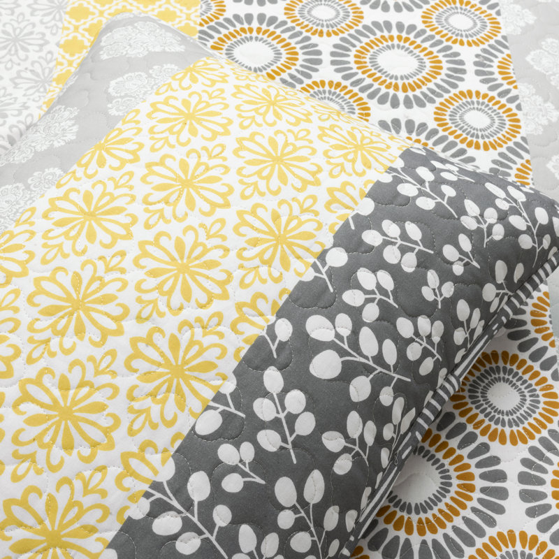 Bohemian 100% Cotton Reversible 3-Piece Quilt Set, King Quilt + 2 King Shams, Yellow/Gray Geometric