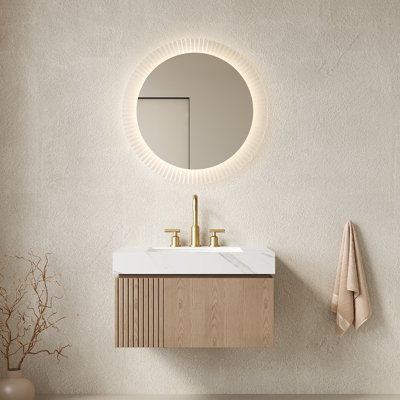 Meuble-lavabo mural de 30 po avec lavabo, meuble de rangement avec comptoir en pierre frittée blanc de Carrare, lavabo en céramique à 3 trous, tiroir et porte à fermeture en douceur, pré-assemblé, Heidelberg