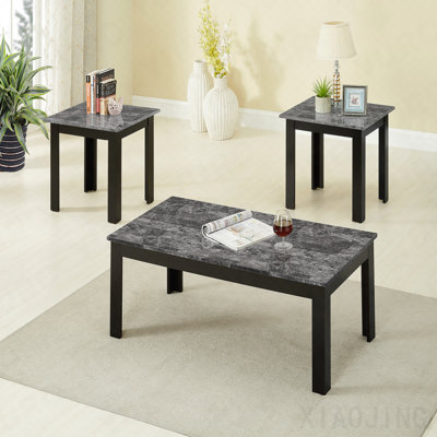 Ensemble de 3 pièces Table basse rectangulaire de style traditionnel Table de bout carrée Pieds en bois Finition noire Plateau en faux marbre Finition grise