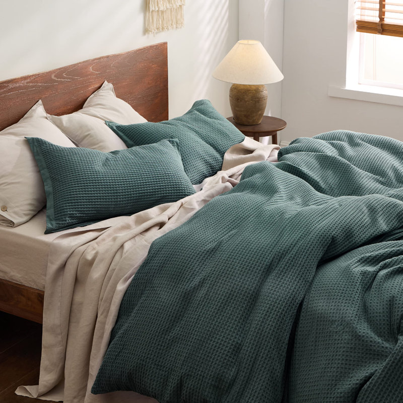 Essential Collection 100% Cotton Waffle Weave Duvet Cover Set, Queen Duvet Cover + 2 Standard Shams, Forest Green