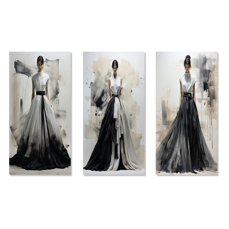 Minimaliste robe noire et blanche chic I - ensemble de 4 impressions sur toile Dior, H 28 po x l 36 po, Toile tendue