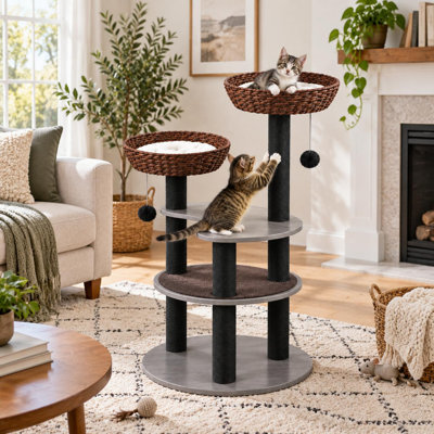Arbre à chat moderne à plusieurs niveaux pour chats d'intérieur, avec nids tressés et poteaux à griffer en sisal épais pour l'entretien des griffes, le jeu et la détente, gris.