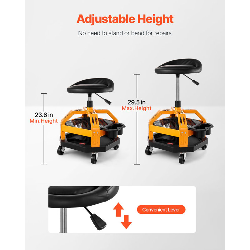 Rolling Shop Stool, Heavy-Duty Pneumatic Garage Seat with 300 lbs Capacity, Adjustable Height Roller Creeper Seat, 360° Swivel Padded Workshop Stool with Casters, for Garage, Shop & Auto Repair