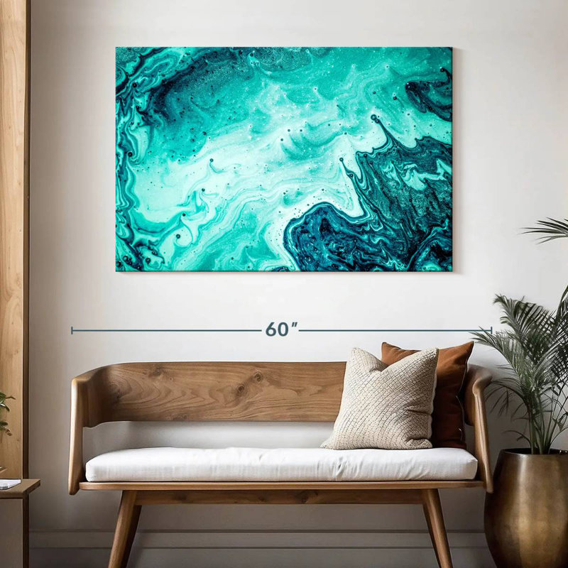 Aamarine abstrait aigue-marine de luxe, H 32 po x l 48 po