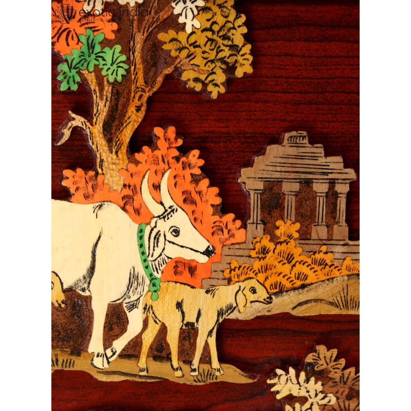 Handcrafted 30-Inch "Rural Tapestry" Village Scene 3D Mysore Wood Inlay Art