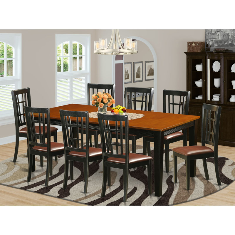 9 Piece Kitchen Table & Chairs Set Includes a Rectangle Dining Room Table with Butterfly Leaf and 8 Faux Leather Chairs, Black & Cherry