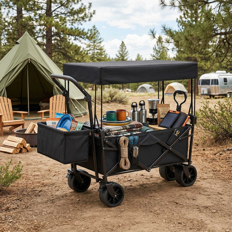 Chariot utilitaire pliable robuste à capacité de charge de 220 lb avec roues antidérapantes tout-terrain résistantes à l'usure, auvent amovible de protection contre les rayons UV