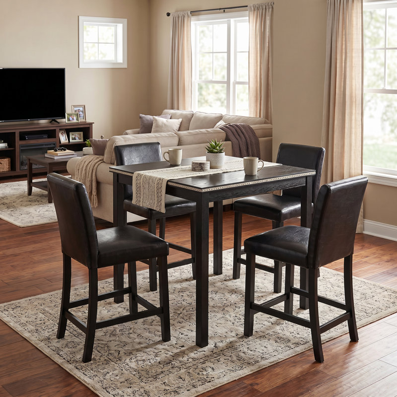 Ensemble de salle à manger 5 pièces à hauteur de comptoir, table carrée en bois avec accents de cristal et 4 tabourets en cuir de polyuréthane rembourrés, ensemble de mobilier de salle à manger noir pour la cuisine et la salle à manger
