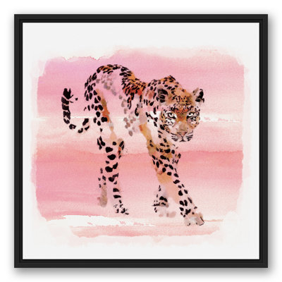 Leopard On The Prowl With Pink Background - Floater Frame Painting on Canvas