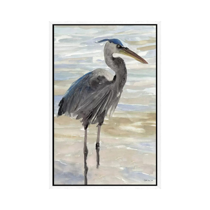 Heron In Water - Painting on Canvas, 101.6cm H x 66.04cm W x 3.81cm D, White Floater Framed