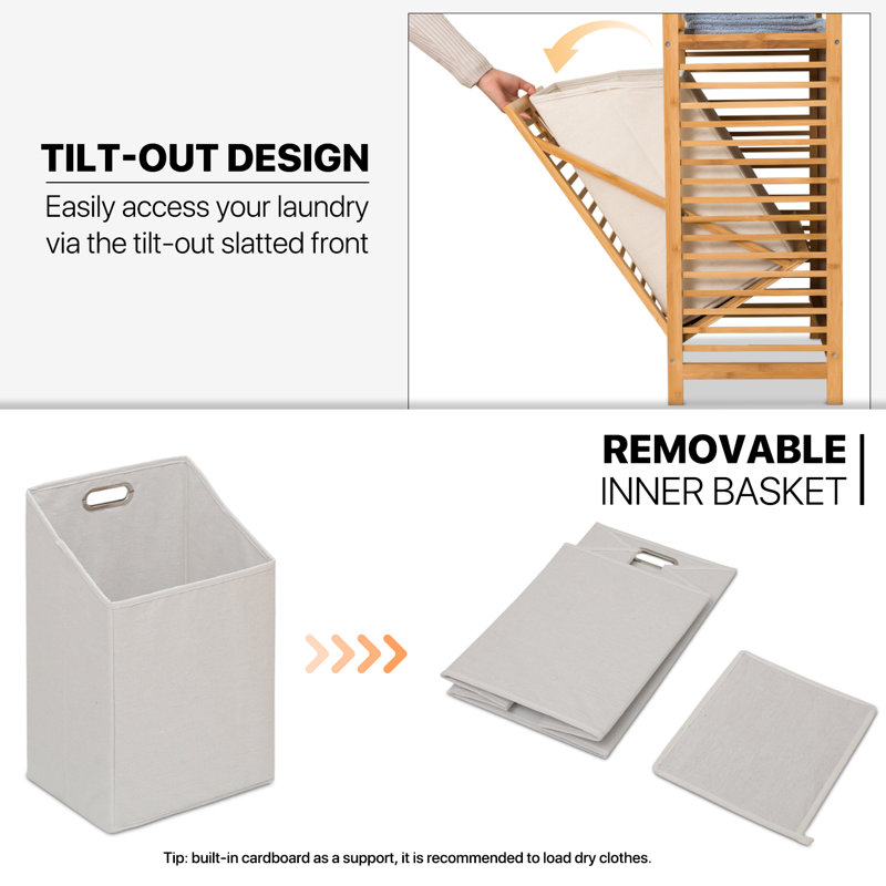 Natural Bamboo 3-Tier Laundry Hamper with Tilt-Out Basket
