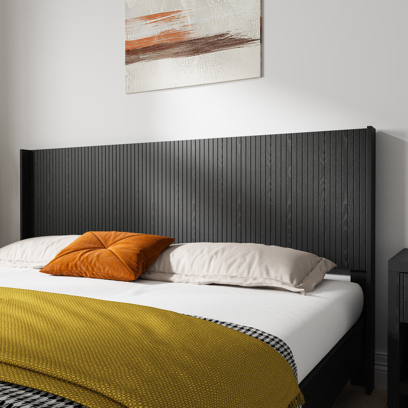 Modern Farmhouse Wood Headboard Fluted Panel Wingback Wall-Mounted Solid Wood&MDF, Black Woodgrain, King