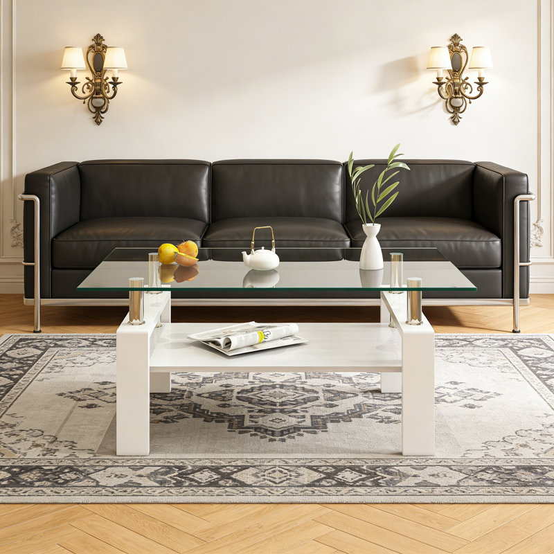 Table basse en verre trempé, base rectangulaire en panneau de fibres à densité moyenne, design de salon moderne, Clair