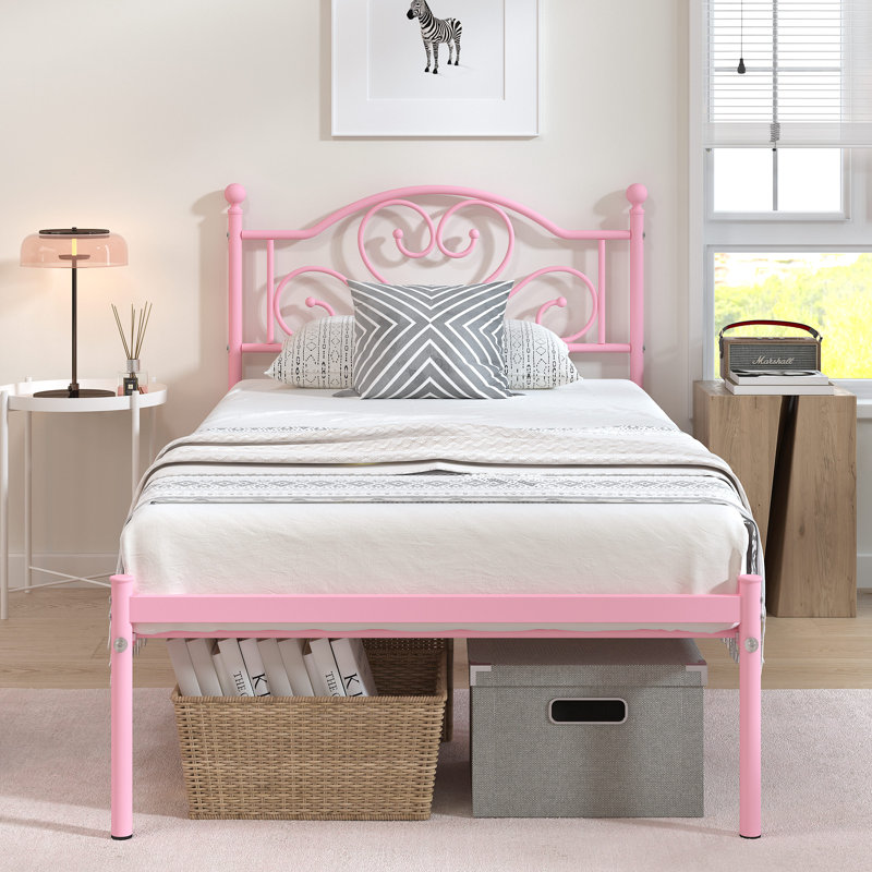 Lit plateforme en métal avec tête de lit, Rose, Simple