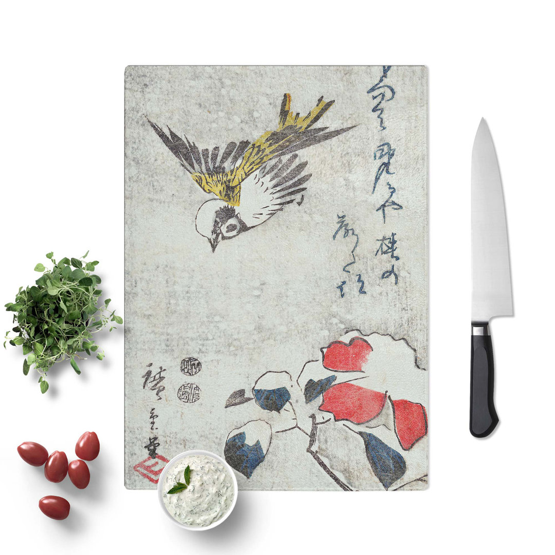 Tempered Glass Sparrow and Camellia by Utagawa Hiroshige Chopping Board