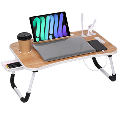 Table de lit portable pour ordinateur portable avec ports USB, porte-gobelet et tiroir de rangement, cadeau parfait pour le travail et les loisirs - Lampe USB et ventilateur en prime inclus