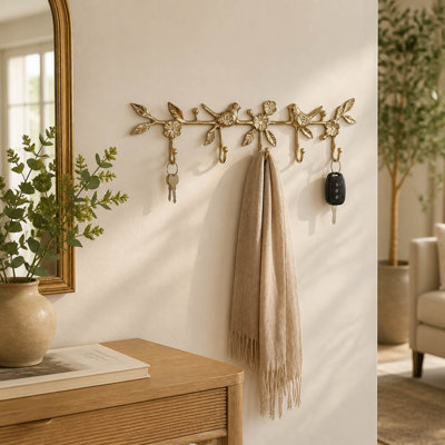Patères murales décoratives en métal en forme d'oiseaux et de fleurs pour la décoration intérieure - Porte-manteau mural inspiré de la nature avec rangement intégré pour le salon - 43 cm, doré