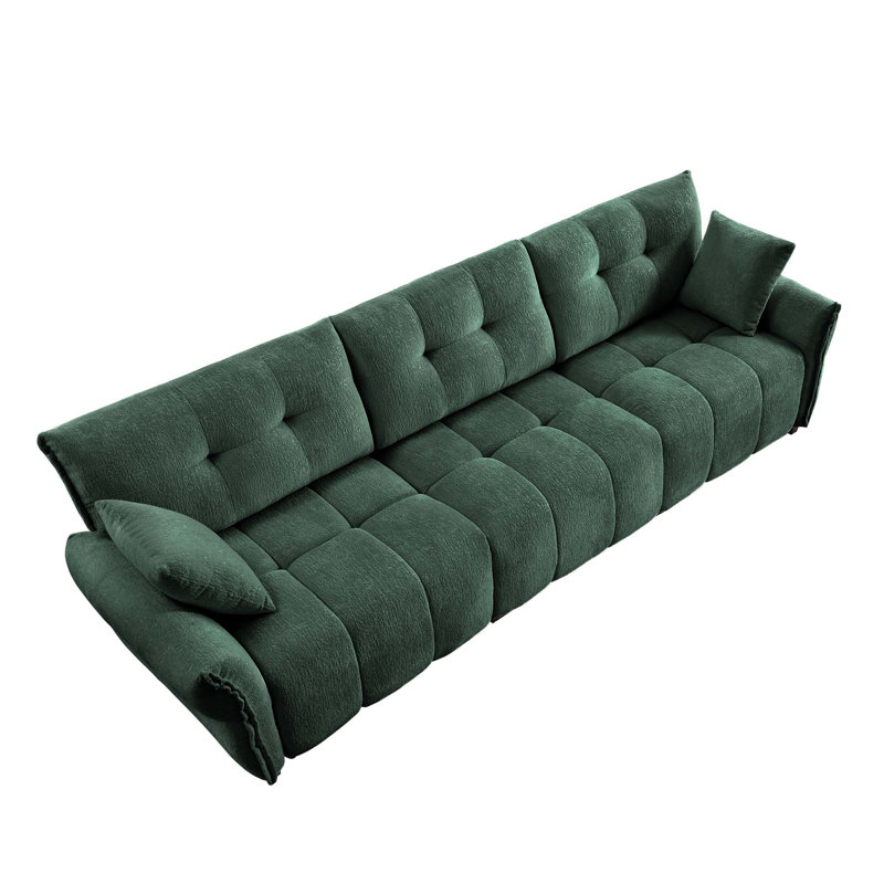 Modern 3-Seater Tufted Sofa Couch With Pillows, Green Chenille