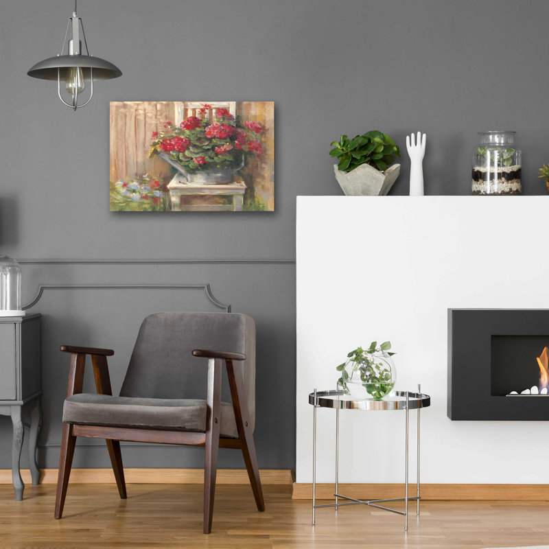 «Geraniums On Chair» par Carol Rowan, H 16 po x l 24 po x P 0,2 po