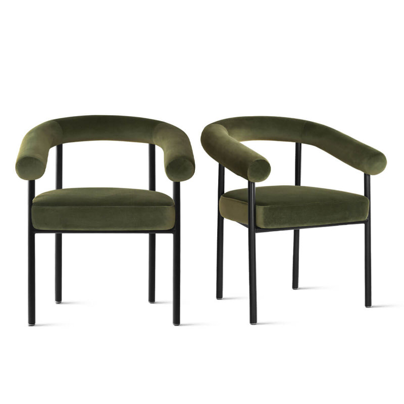 Chaise rembourrée moderne avec accoudoirs courbés, Velours vert