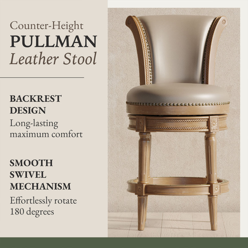 Weathered Oak Swivel Counter Stool with Vegan Leather Upholstery