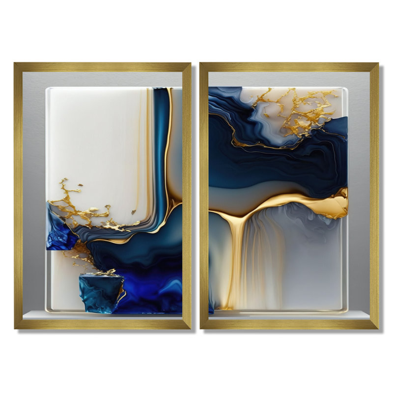 «Abstract Geode», reproduction d'art sur toile abstraite bleue, H 36 po x l 48 po, Reproduction encadrée, Doré