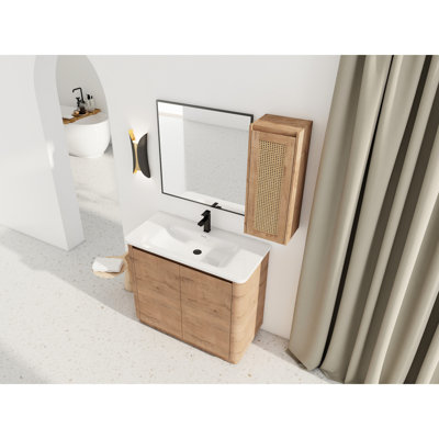 Freestanding 36-Inch Bathroom Vanity With Ceramic Sink, Double Soft-Close Doors, And Side Cabinet For Daily Use Items 36'' White 45 Inclined Edge Handles, Plywood Build