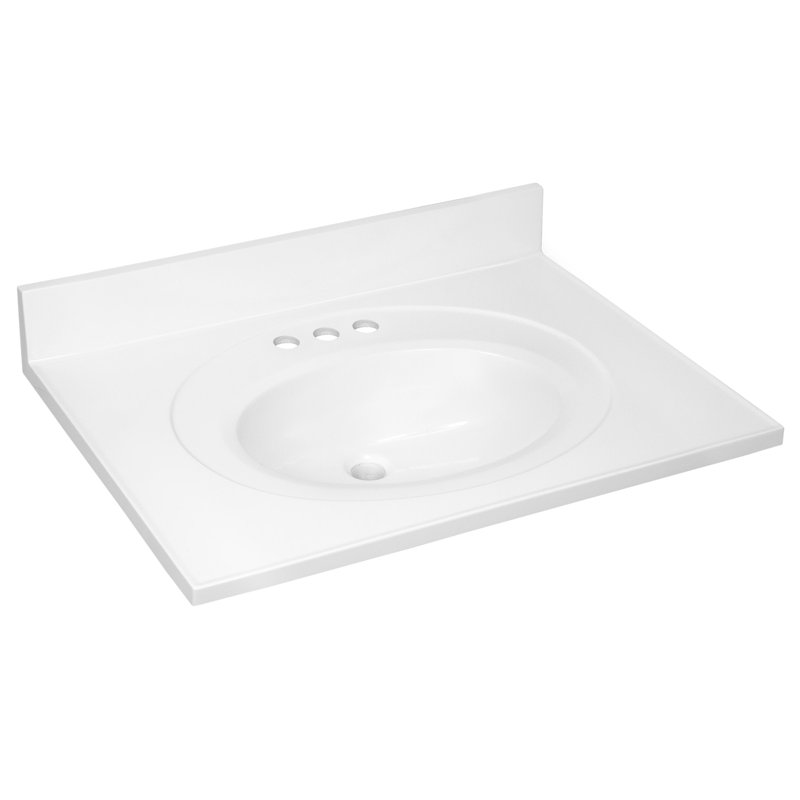 Dessus de meuble-lavabo en marbre de culture avec dosseret, 4" Centres, Blanc uni