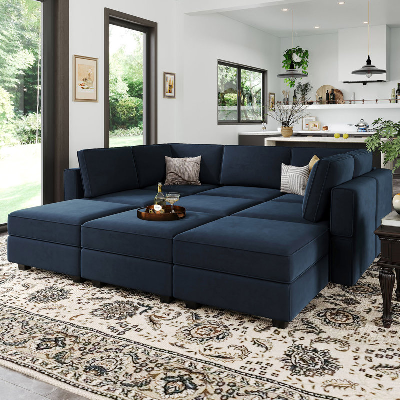 Neemi Upholstered Sectional, Blue Velvet
