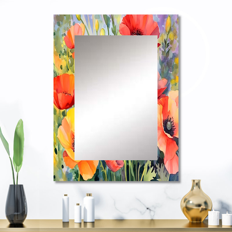 Vibrant Poppies I - Floral Mirror, Traditional Unique Wall Mirror, Printed Metal Art, 32" x 24"