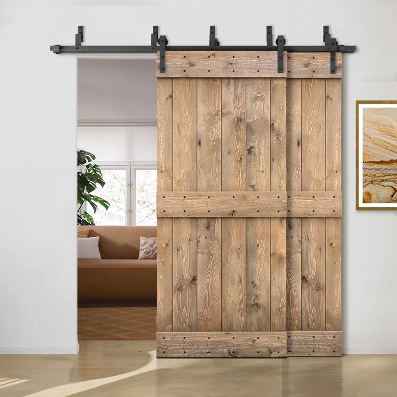 Porte de grange double à panneaux en bois teinté à panneau Mid-Bar, 40 po x 84 po, Brun clair