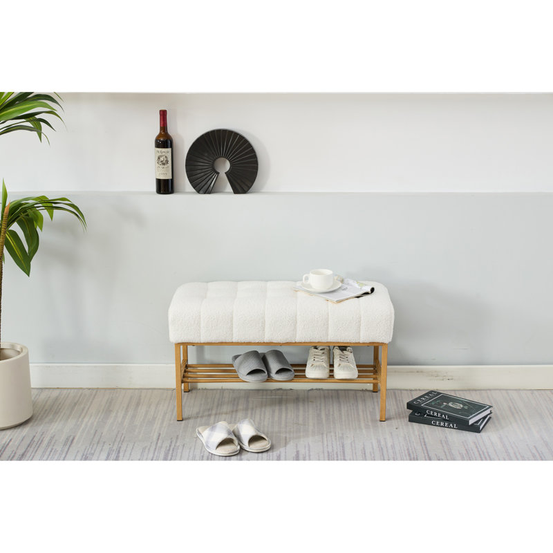 Banc de rangement rembourré pour chaussures avec siège rembourré, banc de bout avec tablette ouverte et pieds en métal pour le vestibule