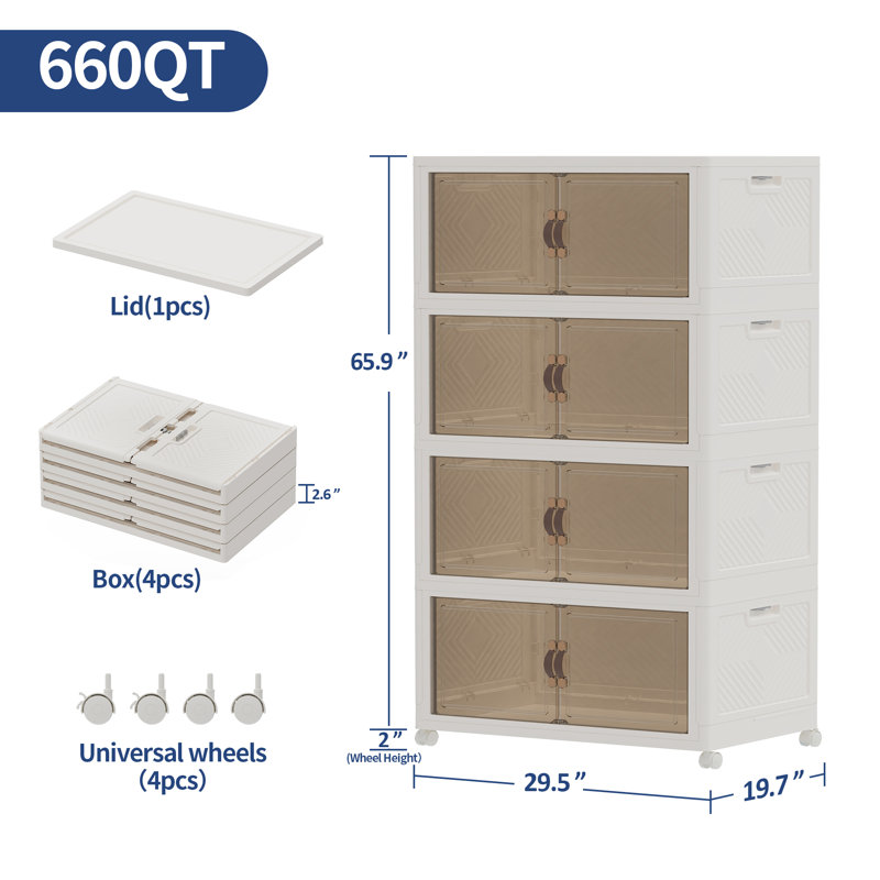 Bacs de rangement en plastique pliables robustes de 30 po de largeur de 674 pte avec portes et roues transparentes, boîte de rangement à 4 niveaux pour garde-robe roulante - Blanc