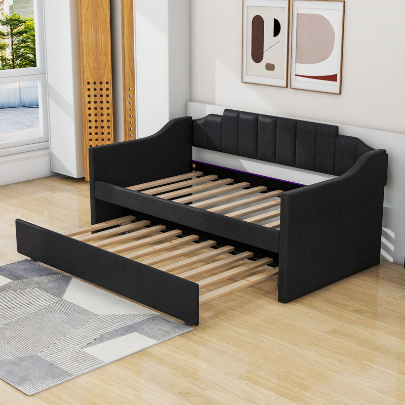 Vanner Twin Size Upholstered Daybed With Twin Size Trundle And Slats, Black