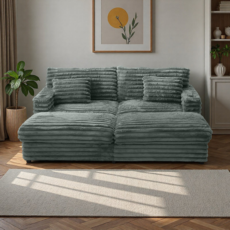 Canapé surdimensionné double de 83,5 po, canapé-lit moelleux en fausse fourrure de lapin avec ports USB, porte-gobelets et coussins de soutien, lit de jour rembourré pour le salon