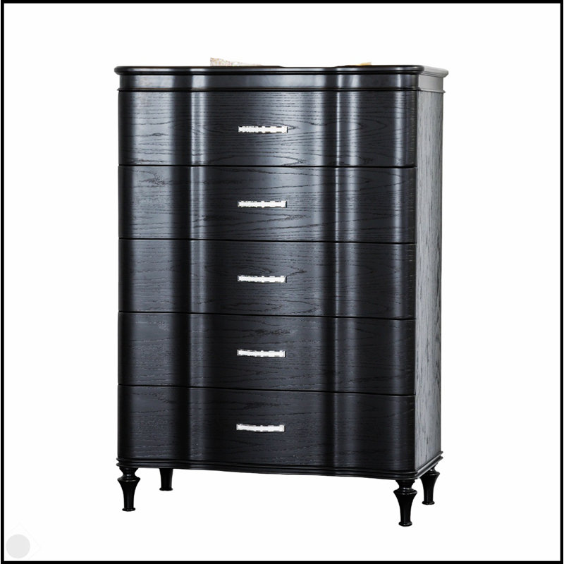 Commode 1 pièce glamour à finition noire avec façade incurvée, tiroir pleine extension, poignées en acrylique, pieds tournés, plateau doublé de feutre pour la chambre à coucher