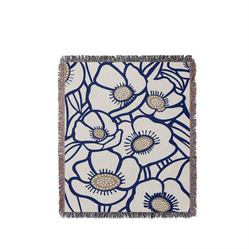 Jeté floral en coton, 50 x 70, Marine
