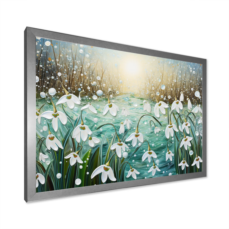 Snowdrop Flowers Field in Winter - impression, Closed Corner Frame Silver, H 24 po x l 32 po x P 1 po
