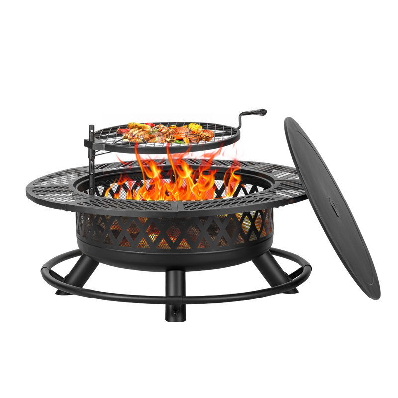 Wood Burning Fire Pit With Grill And Lid, 25.2" H x 42" W x 42" D