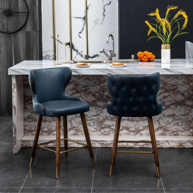 2 tabourets de comptoir modernes Mid-Century, bleu - similicuir avec garniture cloutée originale