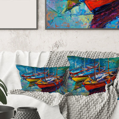 Carré, trois bateaux dans le port - Coussin décoratif imprimé nautique et côtier