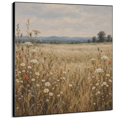 Impression sur tissu grand format - Prairie de fleurs sauvages aux tons neutres avec marguerites pour salon ou chambre - « Assemblage du cadre requis (cadre non fini) »