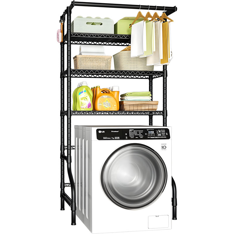 U11 3-tier Laundry Room Storage Shelf With Drying Rack, Freestanding Over Washer And Dryer Organizer With Adjustable Wire Shelves And Safety Lock, Heavy-duty Metal Construction
