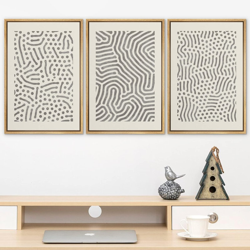 «Motif de vagues géométriques grises, formes abstraites et neutres, art moderne et contemporain», 3 pièces, Naturel