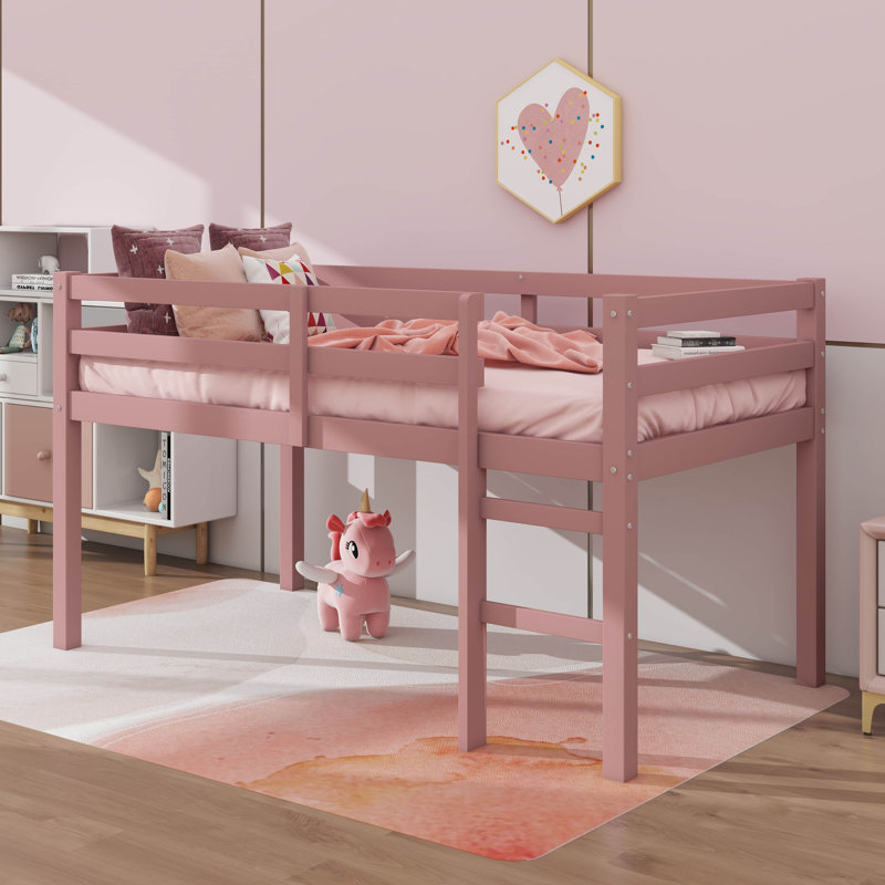 Twin Elevated Loft Bed With Ladder, Reinforced Slat Bed Platform, Pink